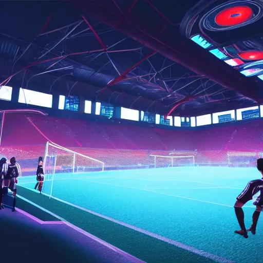 Prompt: unreal engine 5 render of a soccer game being played in a neon - lit cyberpunk themed stadium