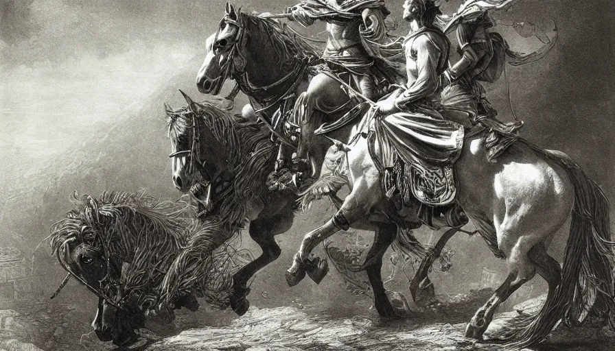 Prompt: big opened book, open book page, opened book, page, don quixote leave the book by horse, cinematic romantic magical masterpiece, by gene wolfe, highly detailed painting by gustave dore