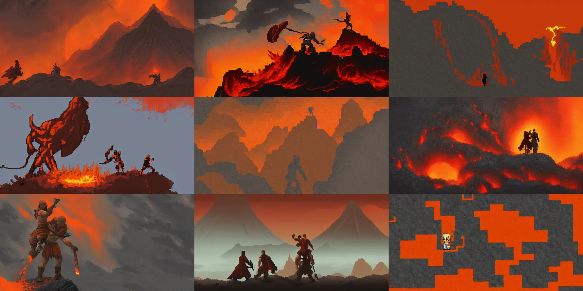 Prompt: Pixel art scene, Kratos carrying Frodo to Mount Doom, lava rivers, orange tone, very dramatic, general shot, trending on artstation,