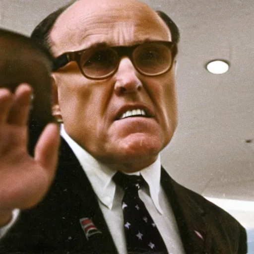 Prompt: wide shot film color photograph of rudy giuliani acting suspiciously while present during the Zapruder film November 22, 1963, Dallas, TX