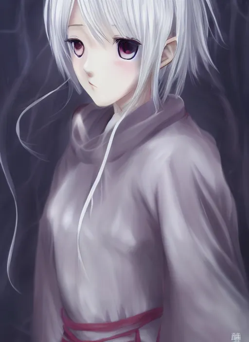 Prompt: thin young anime girl with silver hair, pale and wan!, wearing robes, anime manga goddess, flowing hair, pale skin, young cute face, covered!!, clothed!, 4 k resolution, aesthetic!,