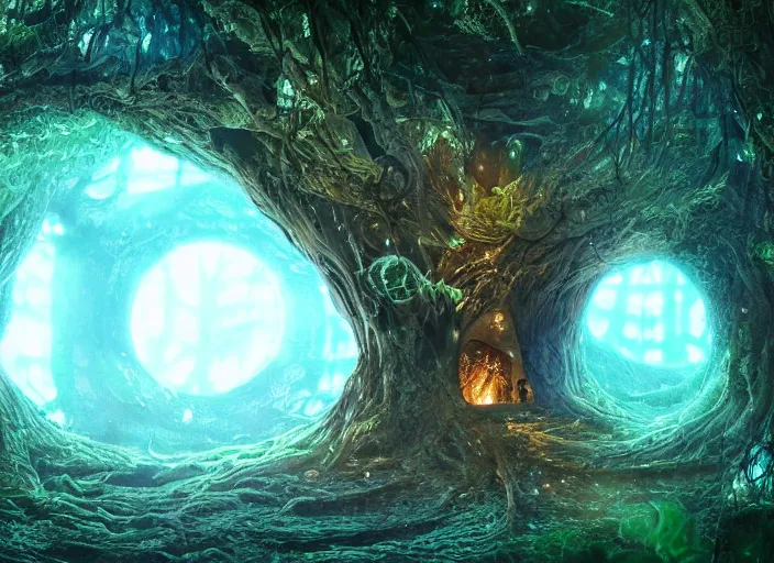 Image similar to portal inside of a humongous tree on a luminescent crystalline alien biome, spooky, intricate details, fantasy, hyper realism, art, smooth, beautiful art, masterpiece, landscape, cinematic, wet reflections, ray tracing x, rtx, smooth