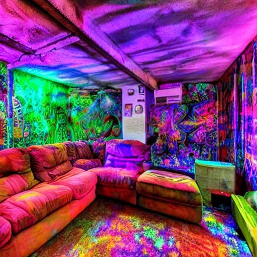 Prompt: psychadelic dmt large basement, perfect for smoking dmt, photograph 4k