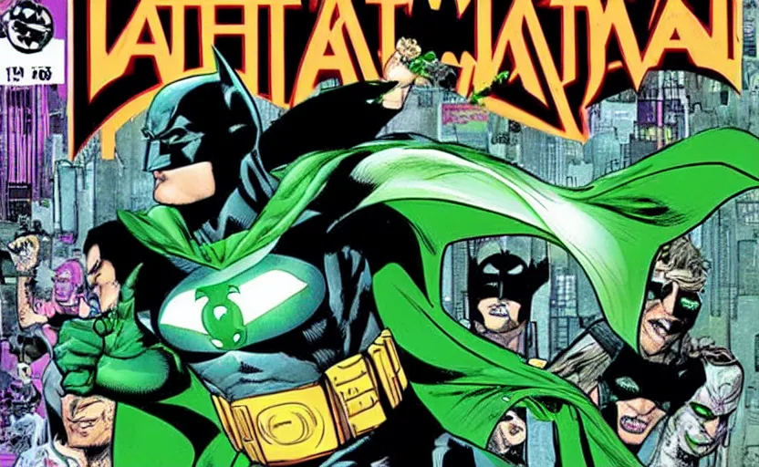 Image similar to a Batman comic cover from 1999 with Green Lantern on the background