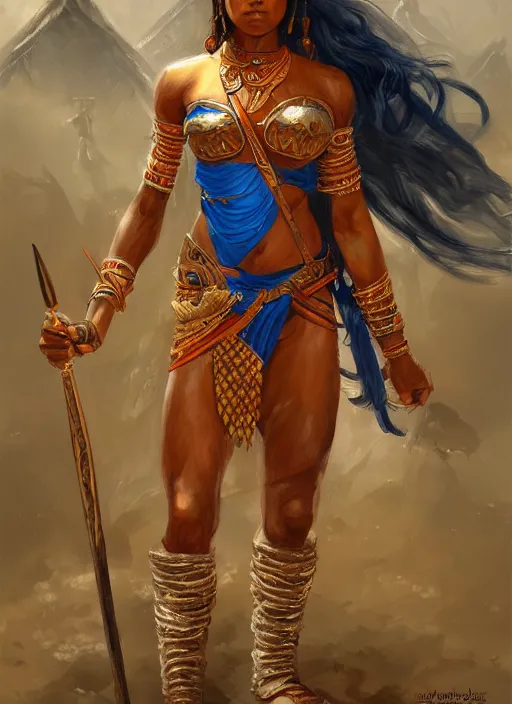 Image similar to highly detailed painting of a warrior goddess maldivian, tan skin, blue - eyes, high fantasy, dungeons and dragons art by jon foster trending on artstation