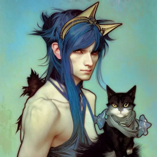 Image similar to Portrait of a pretty fantasy catboy with blue hair and cute small cat ears. Art by Greg Rutkowski and Alphonse Mucha