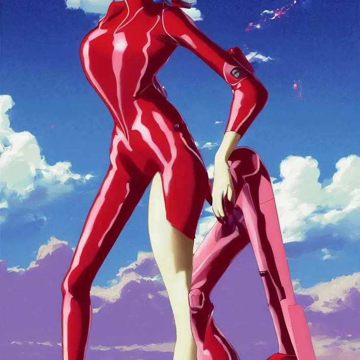 Image similar to full body portrait of a combination of Ashley Greene, Victoria Justice and Adriana Dxim, Grace Kelly and Lily Collins wearing a Plugsuit from Neon Genesis Evangelion, countryside, calm, fantasy character portrait, dynamic pose, above view, sunny day, thunder clouds in the sky, artwork by Jeremy Lipkin and Giuseppe Dangelico Pino and Michael Garmash and Rob Rey and Greg Manchess and Huang Guangjian, very coherent asymmetrical artwork, sharp edges, perfect face, simple form, 100mm