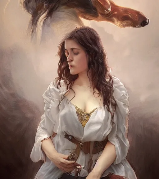 Image similar to full portrait of a young, attractive woman petting a corgi dog, soft hair, muscular, half body, cloth, d & d, fantasy, intricate, elegant, highly detailed, digital painting, artstation, concept art, smooth, sharp focus, illustration, art by artgerm and greg rutkowski and alphonse mucha