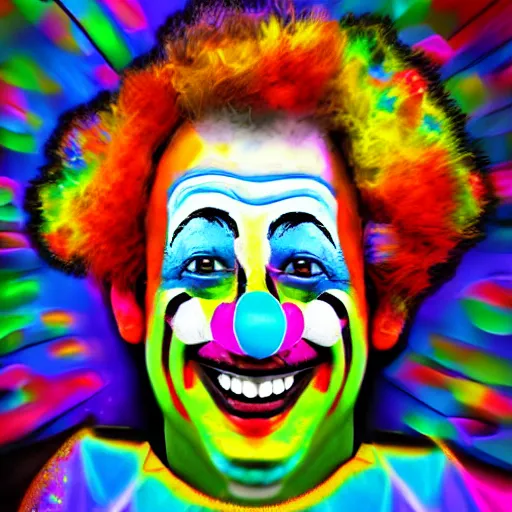 Prompt: Portrait of a colorful happy joyful clown, crazy, digital art masterpiece