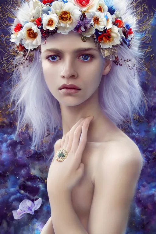 Prompt: a pale girl with white hair and sad blue piercing eyes, black orchid floral crown, distant expression , cinematic lighting, ultra detailed, sharp focus, golden background with white flowers, golden jewellery with blue and red sapphires, super realistic, 8k, art by artgerm and greg rutkowski and zdislav beksinski