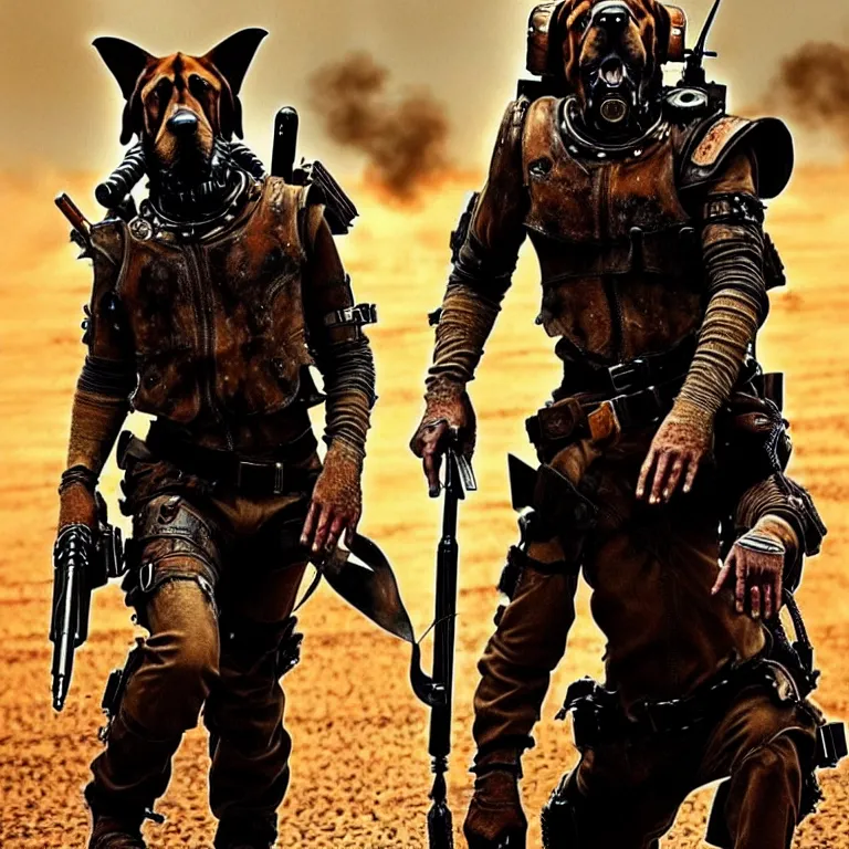 Image similar to a good ol'bloodhound pup fursona ( from the furry fandom ), heavily armed and armored facing down armageddon in a dark and gritty version from the makers of mad max : fury road. witness me.