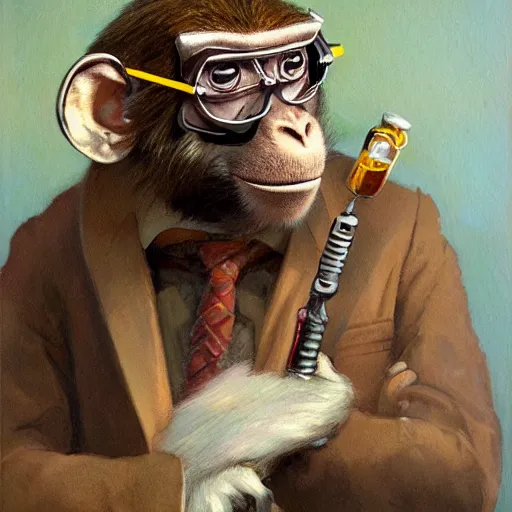 Prompt: portrait of a monkey doctor working chemical lab, artwork by gaston bussiere, craig mullins, trending on artstation, monkey dressed as a scientist, using googles and wearing a doctor coat