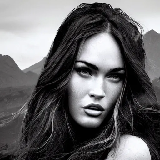 Prompt: double - exposure effect of megan fox face blended with beautiful mountains, in the style of dan mountford, amazing detail, black and white