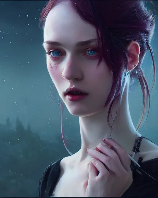 Image similar to highly detailed vfx portrait of a beautiful vampire girl, wonderful eyes, three - dimensional rendering, unreal engine, alexey gurylev, greg rutkowski, loish, rads, beeple, makoto shinkai and lois van baerle, rossdraws, tom bagshaw, alphonse mucha, global lighting, detailed and complex environment