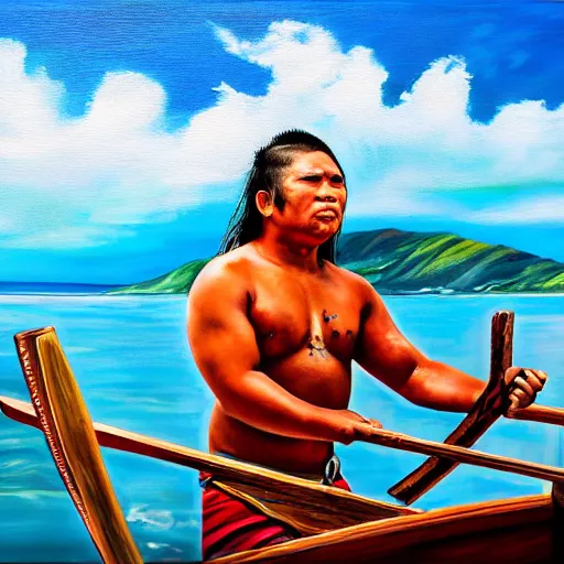 Image similar to a pacific islander warrior on a boat painting, 4 k, hyper realistic, dslr, high resolution, landscape, beautiful