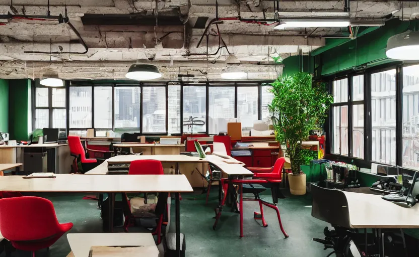 Image similar to maximalist interior of an office, pine wood, cyberpunk, japanese neon signs, retro futuristic, old brick walls, multiple desks, cupboards, rough wood, grey, anthracite, red, akihabara style, swedish style, green plants, window with a view of apartment blocks, 8K