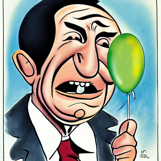 Image similar to cartoon caricature of scowling robert deniro holding a smiley face balloon by bill ward and hirschfeld