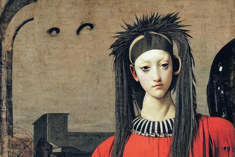 Prompt: close up portrait of a cute punk goth emo fashion girl in a fluorescent cyberpunk futuristic city, oil painting by canaletto hieronymus bosh leonardo da vinci piero della francesca botticelli