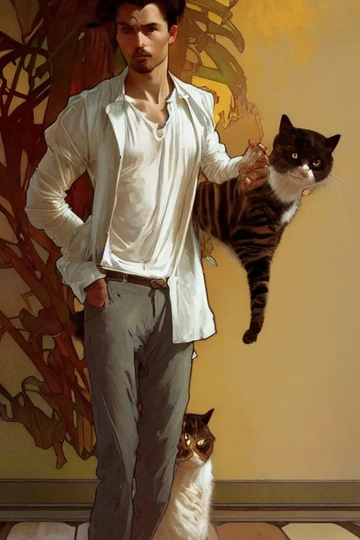 Image similar to full body portrait of a single beautiful young fit man, modern haircut, open shirt, large pants, holding a cat. by greg rutkowski and alphonse mucha, d & d character, in front of a modern room background, highly detailed portrait, digital painting, artstation, concept art, smooth, sharp focus ilustration, artstation hq