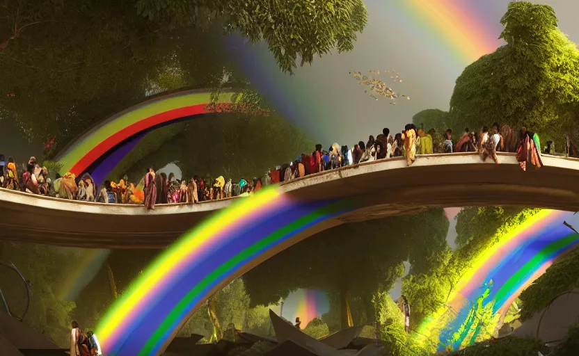 Prompt: incredible, refugees crossing a mindblowingly beautiful rainbow bridge, energy pulsing, matte painting, artstation, solarpunk metropolis, cgsociety, dramatic lighting, vibrant greenery, concept art, octane render, arnold 3 d render