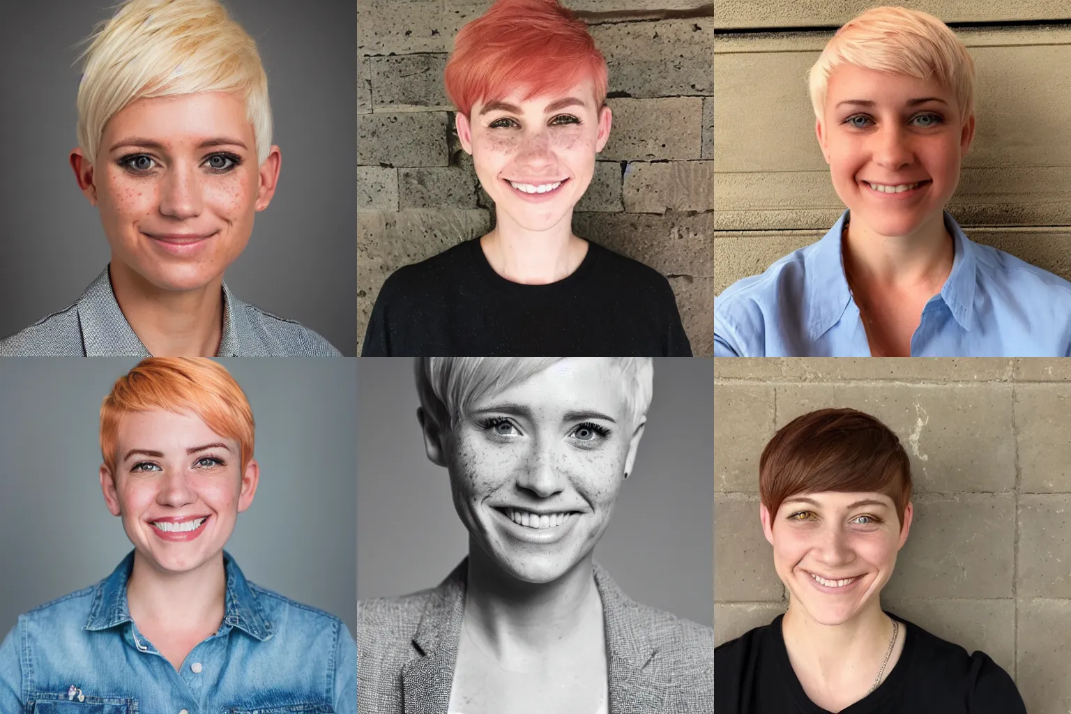 Prompt: headshot photo of the Employee of the Year 2020, photogenic, modestly happy, freckles, bleached pixie cut, 45 degrees from the side