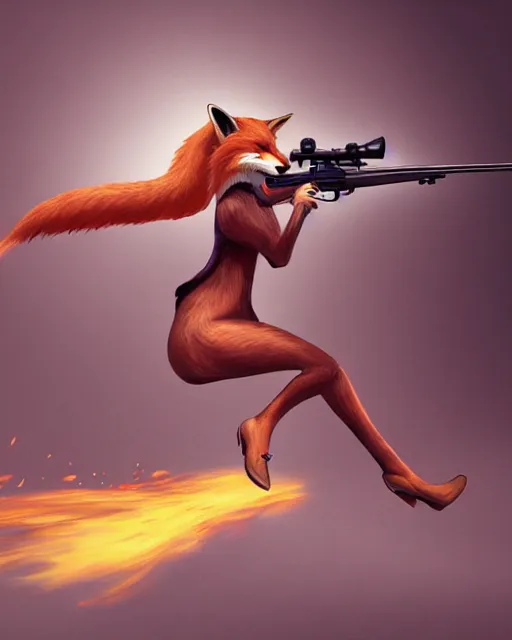 Image similar to a beautiful, dynamic illustration of an anthropomorphic fox woman shooting her winchester rifle while running. art by gauthier leblanc, kazuya takahashi, huifeng huang, trending on artstation, award - winning, perfect composition, motion blur.