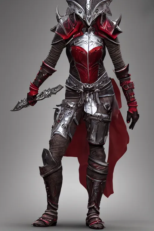 Image similar to female adventurer in tight full - body ebony leather armor of dunmer design with dark red cloth underneath and with a red porcelain crow mask, trending in artstation, establishing shot