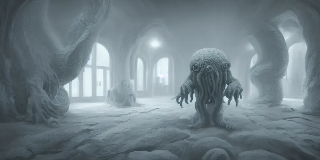 Image similar to a cthulhu in a white room, white fur, cinematic lighting, reflective floor, trending on artstation