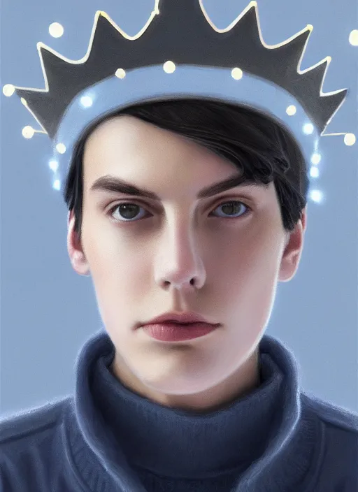 Image similar to portrait of teenage jughead jones wearing a light grey crown, crown, blue turtleneck, closed eyes, photorealistic, black hair, glowing lighting, intricate, elegant, glowing lights, highly detailed, digital painting, artstation, concept art, smooth, sharp focus, illustration, art by wlop, mars ravelo and greg rutkowski