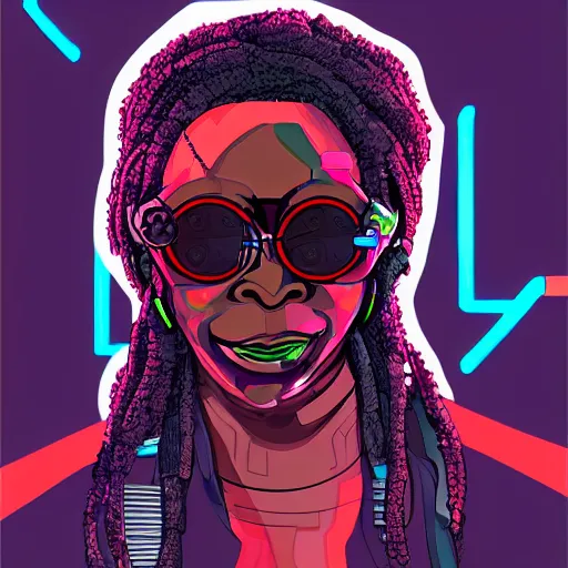 Image similar to cyberpunk robotic whoopi goldberg, sharp lines, digital, artstation, colored in