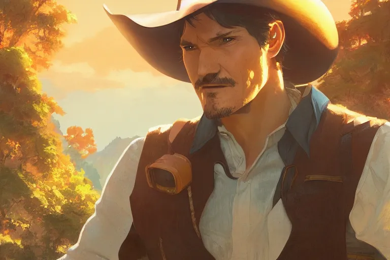 Image similar to old pedro pascal as a cowboy, single subject, scenic full shot, ambient lighting, detailed face, by makoto shinkai, stanley artgerm lau, wlop, rossdraws