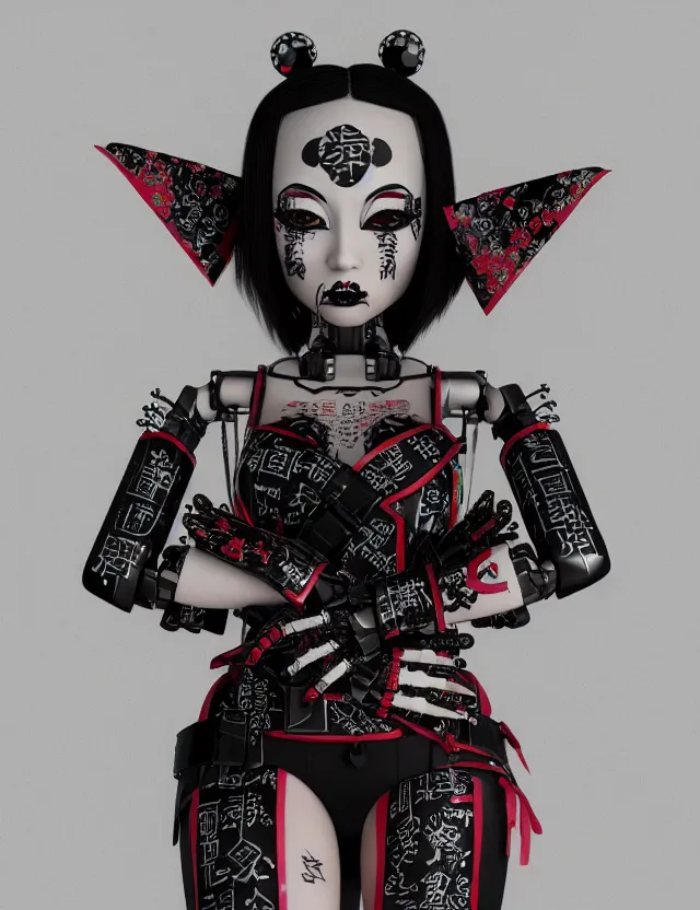 Image similar to full body portrait of a gothic style punk geisha robot with kanji tattoos and decals wearing a digital pixelated kimono, intricate design, photo - realistic, octane render, ultra fine detailed, character design, trending on artstation