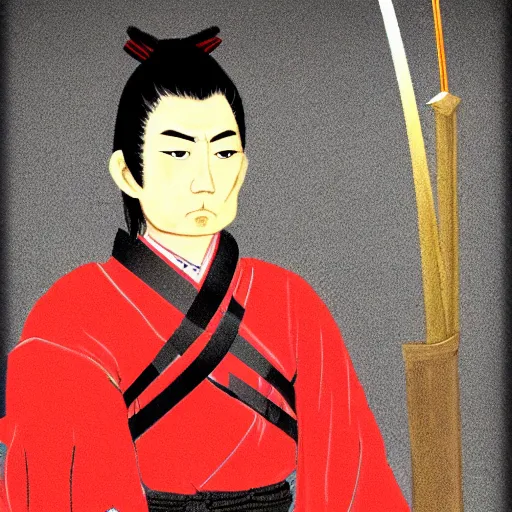 Prompt: Miyamoto Musashi, 35 years old, wearing heavy red samurai armor, holding 2 swords, digital art