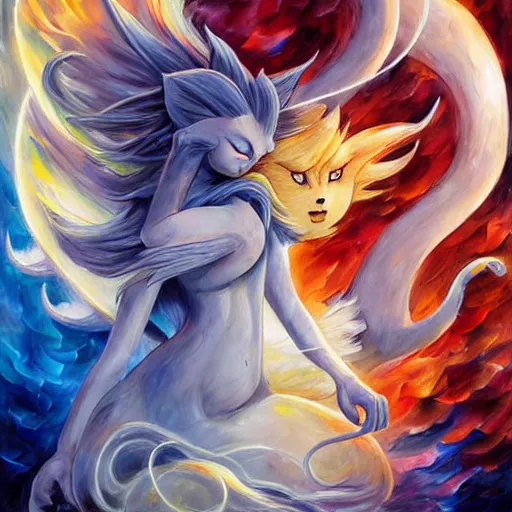 Image similar to ninetales the pokemon by arthur adams, charlie bowater, leonid afremov, chiho ashima, karol bak, david bates, tom chambers