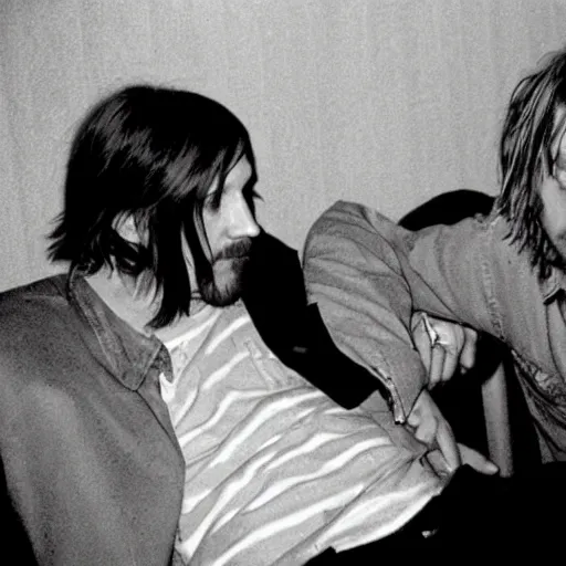 Image similar to elliott smith and kurt cobain hanging out at a bar