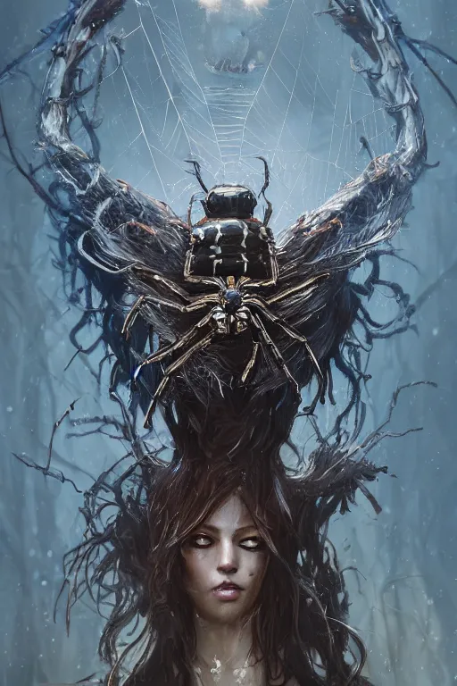 Image similar to a fancy portrait of a spider queen by Greg Rutkowski, Sung Choi, Mitchell Mohrhauser, Maciej Kuciara, Johnson Ting, Maxim Verehin, Peter Konig, final fantasy , mythical, 8k photorealistic, cinematic lighting, HD, high details, atmospheric,