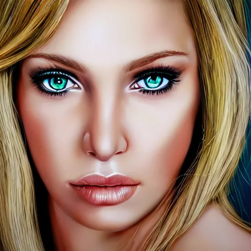 Prompt: hyper realism portrait of a blonde woman with green eyes