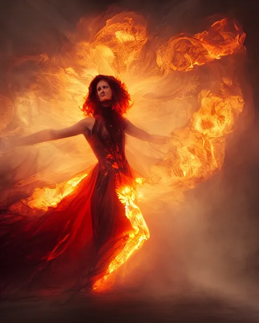 Prompt: woman wearing burning dress engulfed in large glowing flames, Alexander McQueen, Elden Ring, billowing smoke, fashion photoshoot, raymond swanland, artgerm,