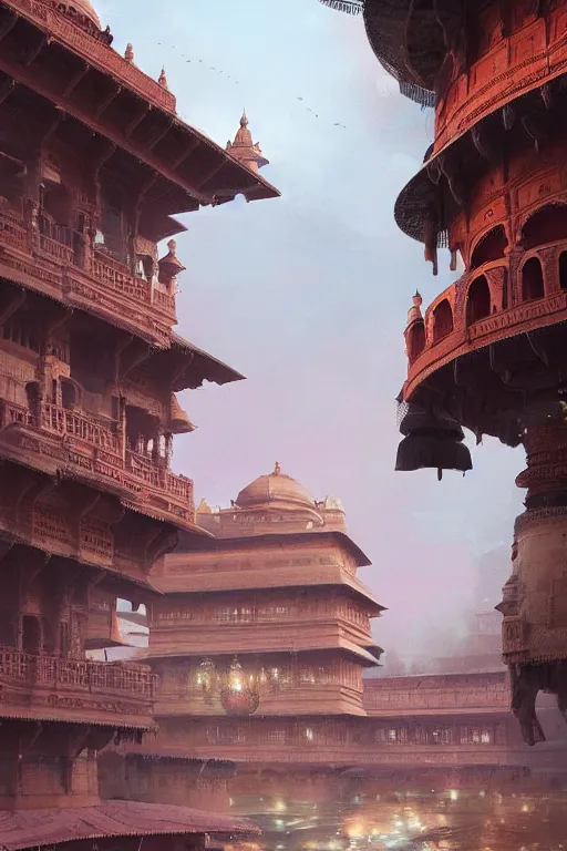 Image similar to old indian city with a breathtaking view of a magnificent maharajah palace at pink dawn, intricate, elegant, volumetric lighting, digital painting, highly detailed, artstation, sharp focus, illustration, concept art, ruan jia, steve mccurry