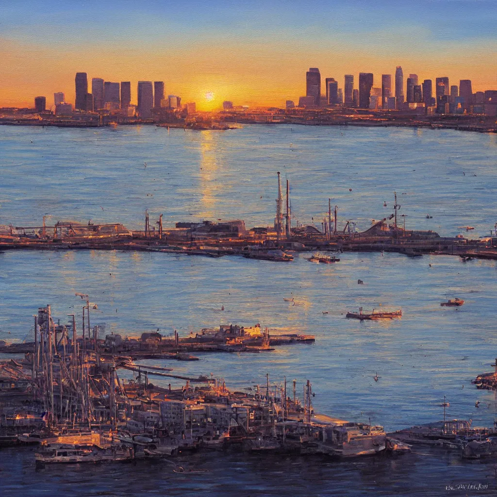 Prompt: los angeles harbor, golden hour, realist painting