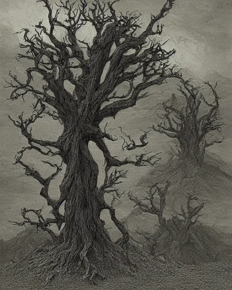 Image similar to Book cover artwork of a lonely mythical tree made of wretched human beings that grows in the middle of a desert and seen from a distance. Artwork influenced by Gustave Doré.