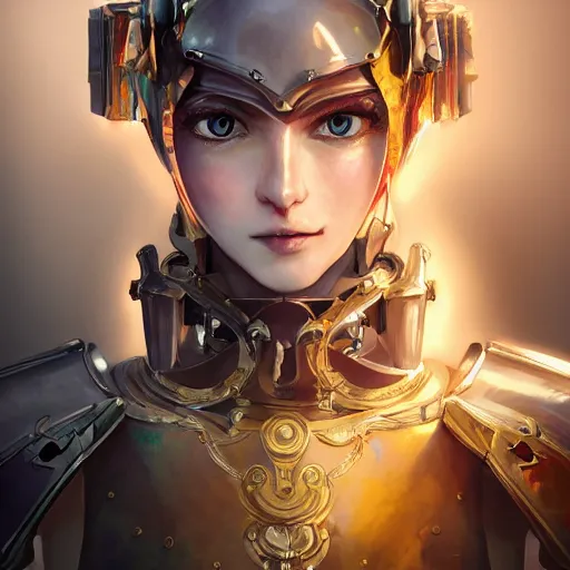 Image similar to studio portrait of lawful good colorful female holy mecha paladin absurdly beautiful, elegant, young sensual graceful woman, ultrafine hyperrealistic detailed face illustration by kim jung gi, irakli nadar, intricate linework, sharp focus, bright colors, matte, octopath traveler, final fantasy, unreal engine highly rendered, global illumination, radiant light, intricate environment