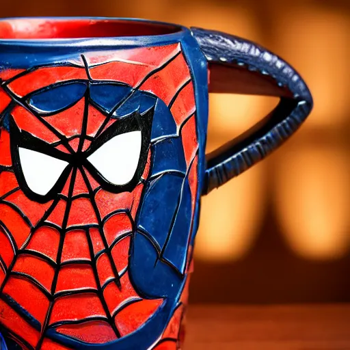 Prompt: a closeup photorealistic photograph of a spider man style tiki mug on a trader vic's bar featuring the face of spider man. tiki theme. bright scene. fine detail. this 4 k hd image is trending on artstation, featured on behance, well - rendered, extra crisp, features intricate detail, epic composition and the style of unreal engine.