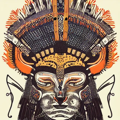 Image similar to illustration of mayan jaguar warrior, sullen, showing irritation or ill humor by a gloomy silence or reserve. in colors # 1 1 3 4 a 6, # 7 3 c 2 fb, # 6 6 9 3 fs, # 9 8 fb 9 8, # 0 1 7 9 6 f, by studio multi and victo ngai, malika favre