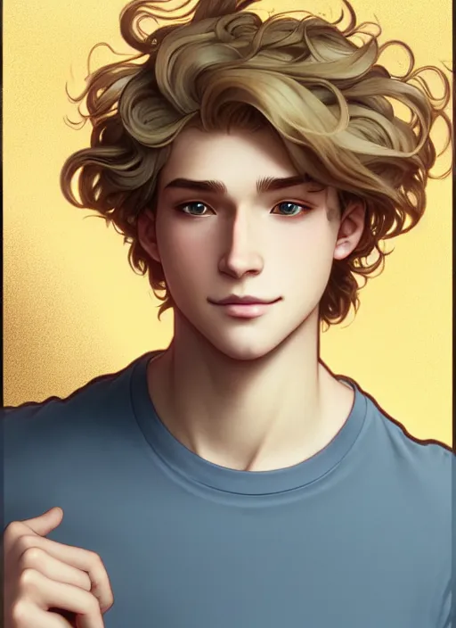 Prompt: young man with medium - length, curly, golden hair, perfectly proportioned face, aquamarine eyes, sweet smile, natural lighting, path traced, highly detailed, high quality, cartoon, digital painting, by new haicheng and ross tran and studio ghibli and alphonse mucha