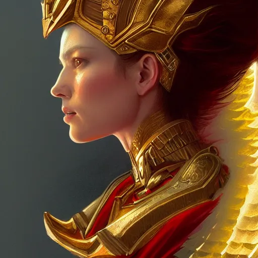 Image similar to Portrait of an angel in gold and red ornate armor, intricate, cinematic lighting, highly detailed, digital painting, artstation, concept art, smooth, sharp focus, illustration, art by Artgerm and Greg Rutkowski, Cgsociety