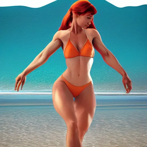 Image similar to bodybuilder amouranth at the beach, au naturel, hyper detailed, digital art, trending in artstation, cinematic lighting, studio quality, smooth render, unreal engine 5 rendered, octane rendered, art style by klimt and nixeu and ian sprigger and wlop and krenz cushart