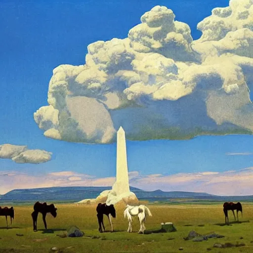 Prompt: towering cumulonimbus clouds looming over a mesa in a sunny western landscape with wild horses grazing in the foreground and a white obelisk in the background by nc wyeth by frederic remington