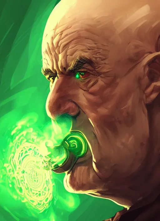 Image similar to a highly detailed illustration of bald old man smoking with green glowing eyes, dramatic smoking pose, nuclear background, intricate, elegant, highly detailed, centered, digital painting, artstation, concept art, smooth, sharp focus, league of legends concept art, wlop.