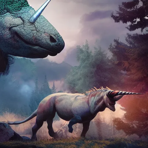 Prompt: a hyper real comic book style portait painting of an unicorn in the stone age with dinosaurs, unreal 5, hyperrealistic, octane render, cosplay, rpg portrait, dynamic lighting